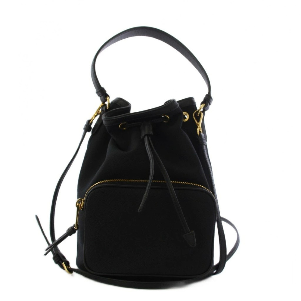 Prada Jacquard Handbag Bucket Bag Shoulder Drawstring Canvas Black